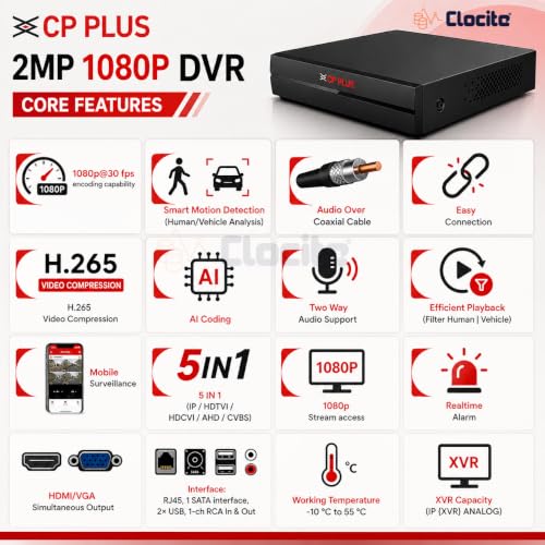 Image of CP Plus illumax 2.4MP 4 Channel DVR, 2.4MP 3 Dome & 1 Bullet Cameras [Color Night Vision + Built-in Audio MIC + SMART Dual Light + Motion Detection] + 1 TB HDD + 4 CH SMPS + CCTV Cable + BNC /DC
