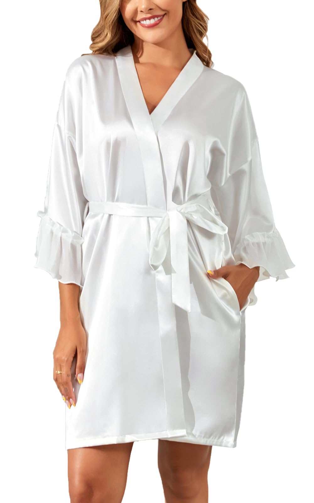 Womens Short Satin Robes Lightweight Kimono Bathrobe Ruffle Hem Bride Bridesmaids Wedding Party Sleepwear