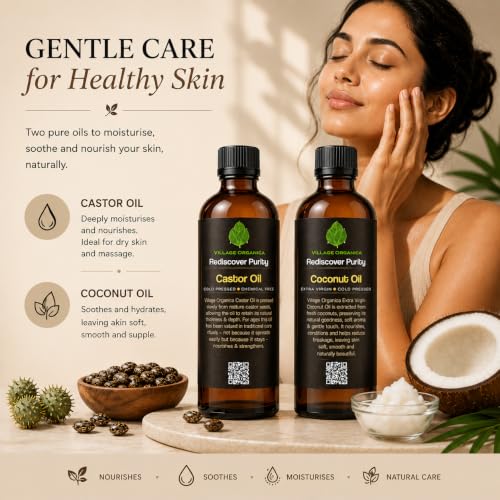 Image of Cold Pressed Castor Oil & Extra Virgin Coconut Oil Combo | 100 ml Each | 100% Pure | Unrefined | Edible Grade | Hexane Free | Amber Glass Bottle | 100ml * 2