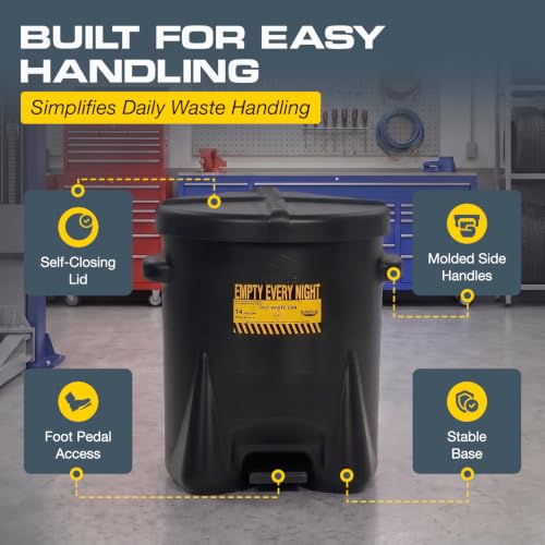 Image of Eagle Oily Waste Can, Self-Closing Lid, 14 Gallon, Made in the USA, Black