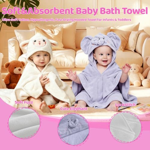 Image of Hooded Baby Towel- Large Baby Towel with Hood(31.5 x 31.5 Inch), Natural toddler towels,Ultra Soft and Absorbent Coral Velvet Coral Fleece Bath Towel for Infants, Newborns, Toddlers (Sheep-Elephant)