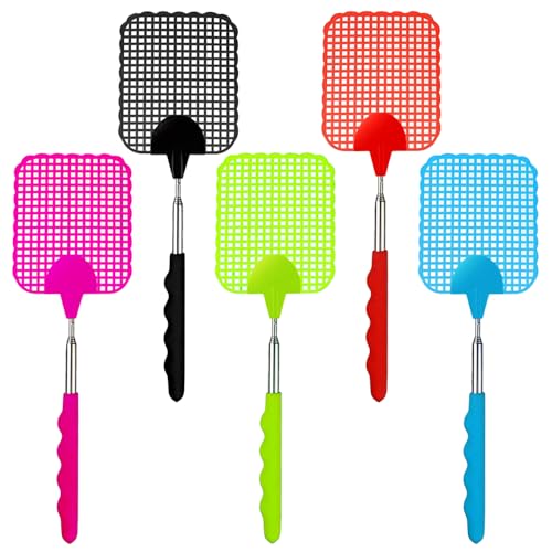 TRKETK 5 Piece Fly Swatter, Extendable Swat Strong Flexible Manual Swat Set Colourful Fly Swatter Manual Adjustable Swat with Stainless Steel Telescopic Handle for Flies Mosquitoes and Insects