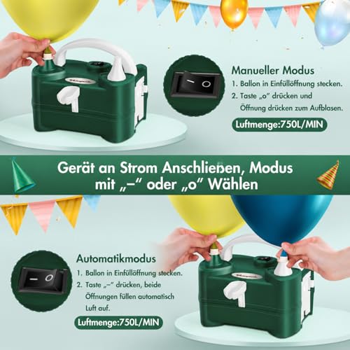FLSEPAMB 600W Motor Luftballonpumpe Elektrisch Mini, Ballonpumpe Klein with 2 Düse, Intelligenter 2 Modus Pumpe Luftballon Elektrisch,Tragbar Luftballon Pumpe Elektro 3