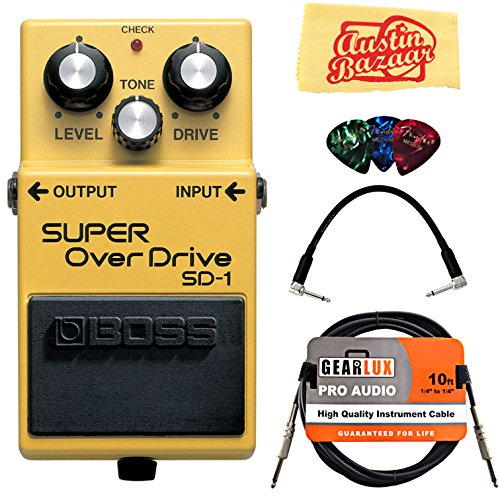 Boss SD-1 Super Overdrive Bundle with Instrument Cable, Patch Cable, Picks, and Austin Bazaar Polishing Cloth