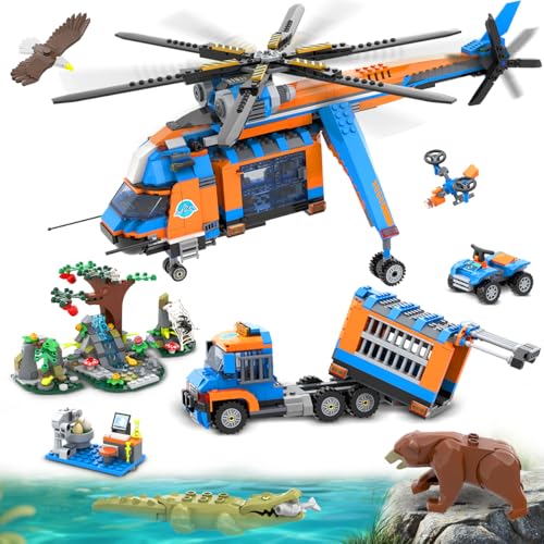 HOGOKIDS City Jungle Adventurer Helicopter Building Set - Forest Animal Rescue Airplane Truck Car Crocodile Brown Bear Wildlife Building Blocks Toy for Kids Boys Ages 8-12Year (1392PCS)