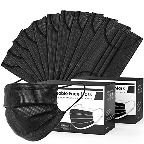 100pcs 3 Layers Black Disposable Face Masks,Hyegiir Comfortable Elastic Earloops Face Masks,Sterile And Breathable