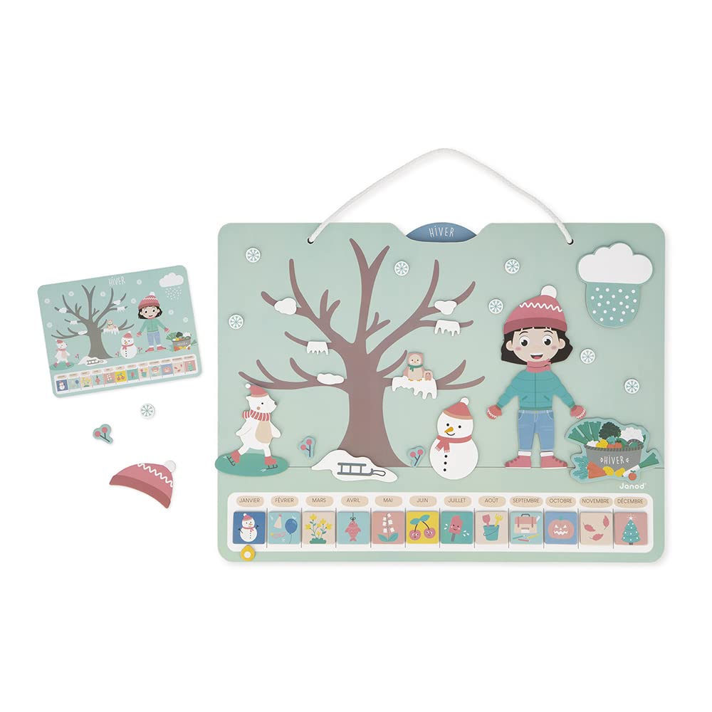 Janod - Calendario delle Stagioni - Calendario Educativo in Legno per Bambini 42 x 32 cm - Magnetico - 125 Magneti - Imparare Tempo e Stagioni - Versione Francese - dai 3 Anni, J547