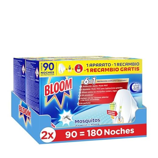 Bloom Insecticida Eléctrico Líquido Doble Eficacia (2 aparatos + 4 recambios), insecticida eléctrico para mosquitos común y tigre, fórmula concentrada sin perfume