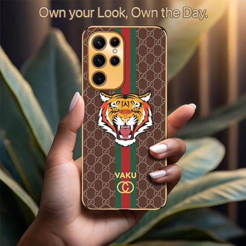 Image of Vaku Luxos Lynx Design Back Cover for Samsung Galaxy S23 Ultra with Leather Pattern Gold Electroplated Soft TPU Cover Shockproof Protective Case - Brown
