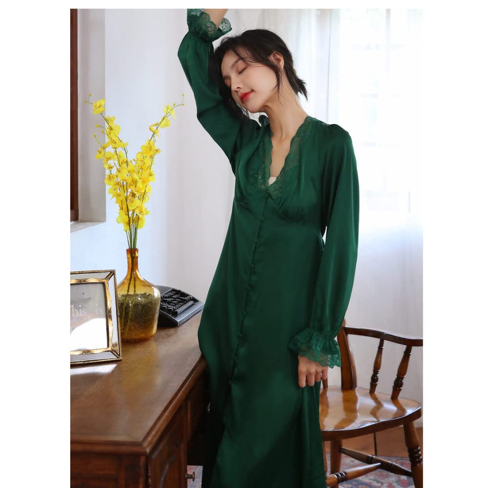 Nachthemd Damen,Damen-Nachthemden Dunkelgrün Satin V-Ausschnitt Spitze Knopf Schlitz Sexy Schlafhemd Weiche Bequeme Lange Ärmel Nachthemd Loungewear Für Damen Mädchen Pyjama Party Weihnachtsnach