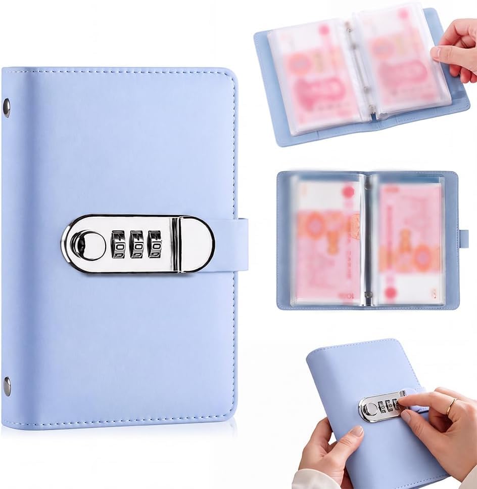 2027 Upgraded 100 Lockable Savings Notebook with Password Lock, Money Saving Book, Money Saving Binder Book with Cash Envelopes Successfully Reach Your Savings Goals (Sky Blue)