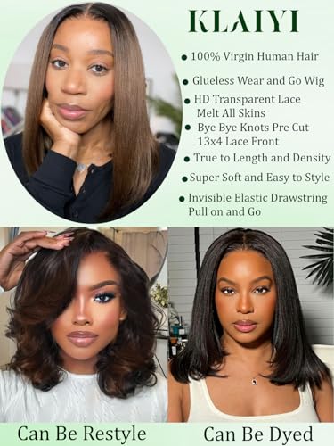 Image of KLAIYI Ombre Brown Yaki Straight Bob Wig Human Hair Glueless 13x4 Precut HD Lace Front Wigs Drawstring Bye Bye Knots Pre Plucked Bleached Pre Everything Wear and Go Wig with Dark Roots Chestnut 14Inch