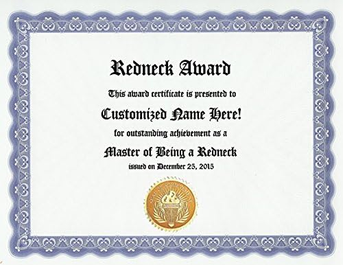 Redneck Award: certificado personalizado de premio para ser Rednecks (divertido regalo personalizado de cuello rojo Hick Hillbilly Country Pride