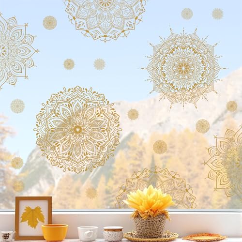 Kazova Gold Mandala Window Clings 22 Pcs 4 Sheets Double Sided Lotus Flower Window Stickers Vinyl Cling Non Adhesive Reusable Window Decals for Glass