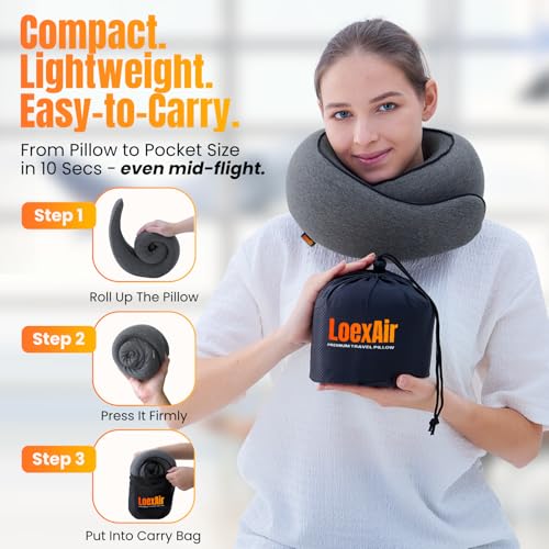 Image of LOEXAIR Travel Pillow, Neck Pillow Travel for Airplane, Car - 100% Cotton Fabric & Memory Foam Plane Pillow, Lightweight & Easy-to-Carry on Flight, Full Travel Set (Eye Mask, Earplugs) - Dark Grey