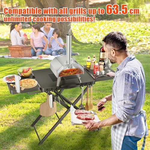 GFTIME Tragbarer Grillwagen für Weber, Ninja, Ooni, Blackstone, Nexgrill, Traeger und den meisten tragbaren Grills und Pizzaöfen | Outdoor Grillwagen mit Rädern, Seitentischen und Papierhandtuchhalter