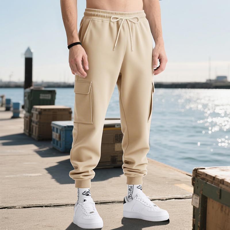 Men Autumn/Winter Solid Color Fashion Work Pants Elastic Waist Drawstring Sweatpants with Multi Pockets2