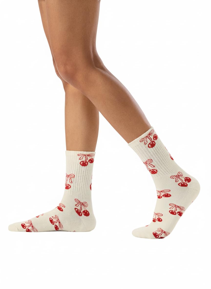 the souled store Souled Socks: Cherries Socks | Premium Cotton Blend Printed Crew Socks for Women | Cute Aesthetic Cherry Pattern Casual Socks - Off-White, Free Size-picture-30