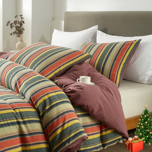 Image of VM VOUGEMARKET Multi-Color Striped Duvet Cover, Full Size | Farmhouse Style, Washed Cotton,Red Green Stripes, 1 Duvet Cover with 2 Pillowcases