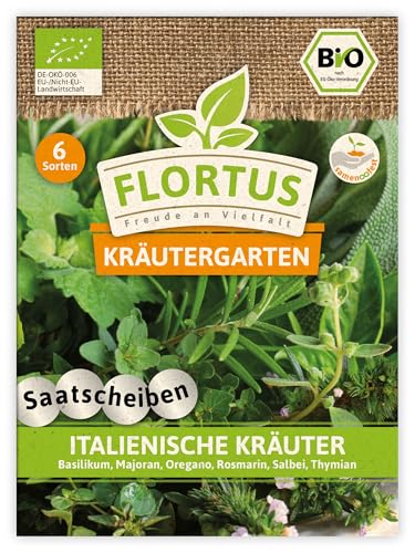 FLORTUS Italienische Kräuter BIO Saatscheiben | 6 Sorten | BIO Kräutersamen Saatscheiben | Kräutermischung BIO Samen | Kräutersamen für Basilikum, Majoran, Oregano, Rosmarin, Salbei, Thymian