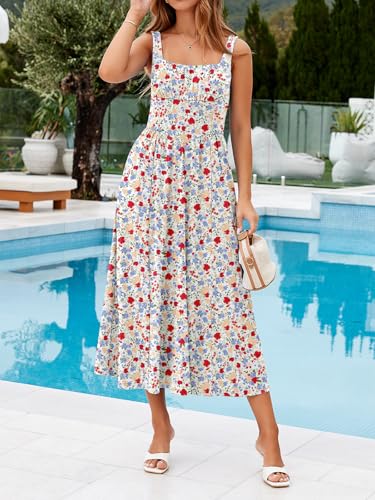 Image of YIOYOLA Womens Casual Summer Dress with Pockets | Sleeveless Square Neck Flowy A-Line Midi Sundress for Beach & Wedding Guest