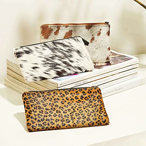 Image of Myra Cookie Crunch Leather and Hairon Cowhide Wallet - 7x4 inch Cow Print Wallets for Women, Black and White Clutch, Long, Western Cowprint, Boho, Country Stuff, Cowgirl Gifts for Women, Mom, Sister, Aunt