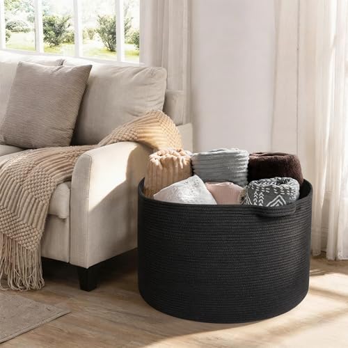 Image of MEGASKET Large Black Blanket Basket, 22 inch X 22 inch X 14 inch Woven Rope Bin for Storage, Kids Dog Toy Storage Box Organizer Bins, Blanket Holder for Living Room, Decorative Wicker Basket for Organizing