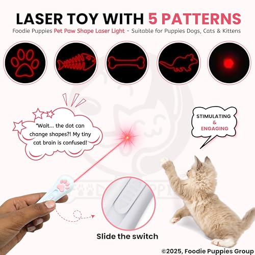 Image of Foodie Puppies Paw Shape USB Laser Pointer Cat Teasing Toy with 5 Adjustable Patterns I Pet Chaser Tease Laser Light with Keyring for Cats, Kitten, Puppies & Dogs I Fun Exercise & Training Toy