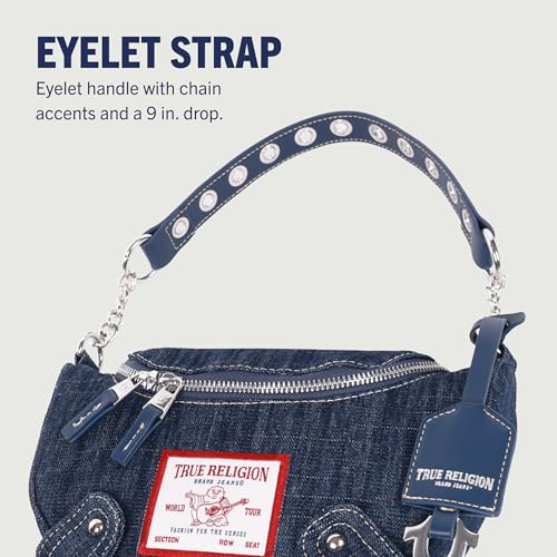 True Religion Hobo Shoulder Bag Purse, Denim Travel Handbag with Chain Strap, Light Blue4