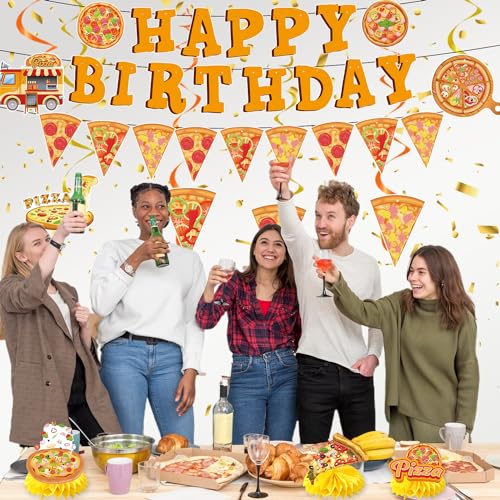 Image of Pizza Birthday Party Decorations, Happy Birthday Banners Hanging Swirls and Honeycomb Centerpieces Decor, Pizza Themed Ceiling Table Decoration Supplies
