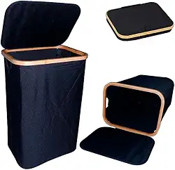 Cesto de Roupa Dobrável com Tampa, 60x40x30cm, Tecido Poliéster e Bambu, Preto