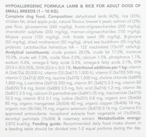 Trockenfutter Monoprotein - Adult kleine Rassen - Lamm mit Reis - Hypoallergen, 3 kg