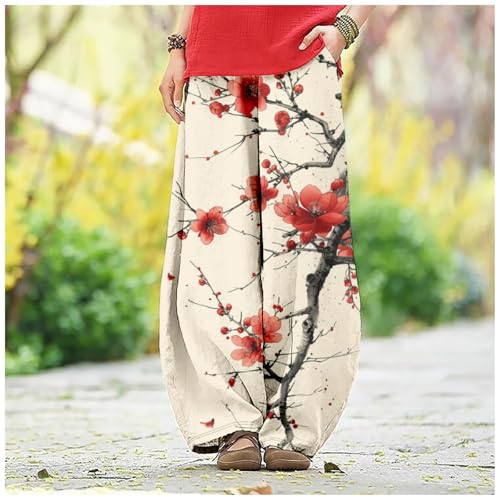 Wide Leg Pants for Women Boho Floral Printed Elastic Waist Baggy Trousers Loose Fit Lounge Pants with Pockets3