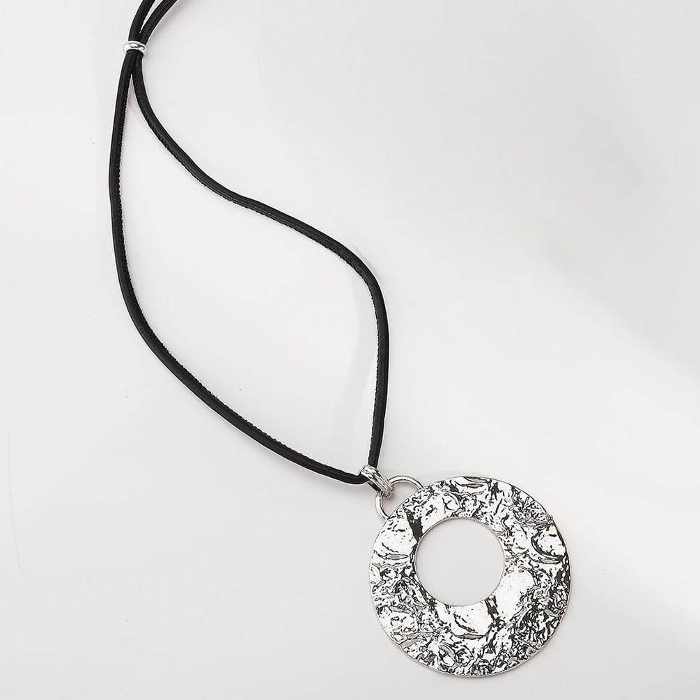 Large Gold Hammered Hollow Round Disc Pendant Necklace for Women, Retro Long Black Leather Rope Silver Circle Necklace Trendy Costume Accessories Jewelry - Image 4