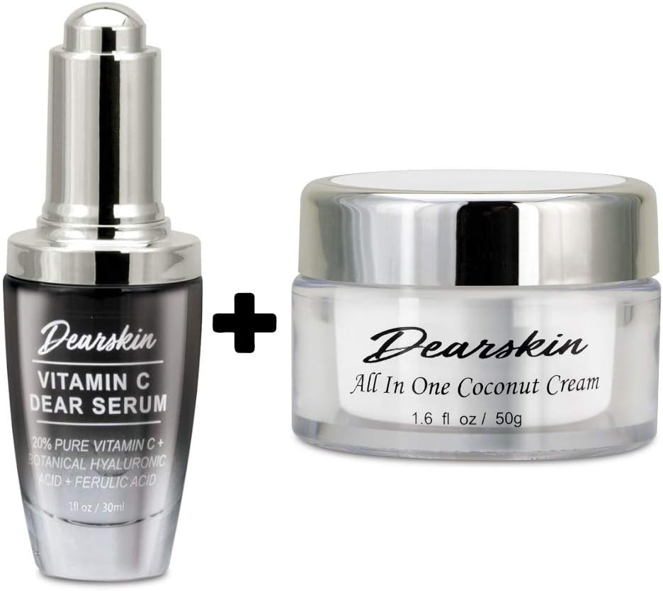 Vitamin C Dear Serum + All In One Coconut Cream seT- Pack with Vitamin C Serum 20%, Hyaluronic Acid Botanic, Vitamin E Organic and Coconut Oil Cream Day and Night (Serum + Cream)