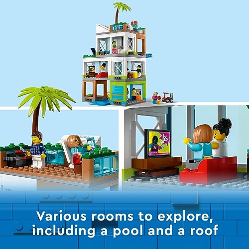 LEGO My City Apartment Building 60365 zestaw zabawek z trzema modułami komunikującymi się do pokoju piętrowego, w zestawie mobilny skuter, rower i 6 minifigurek do zabawy z fantazją