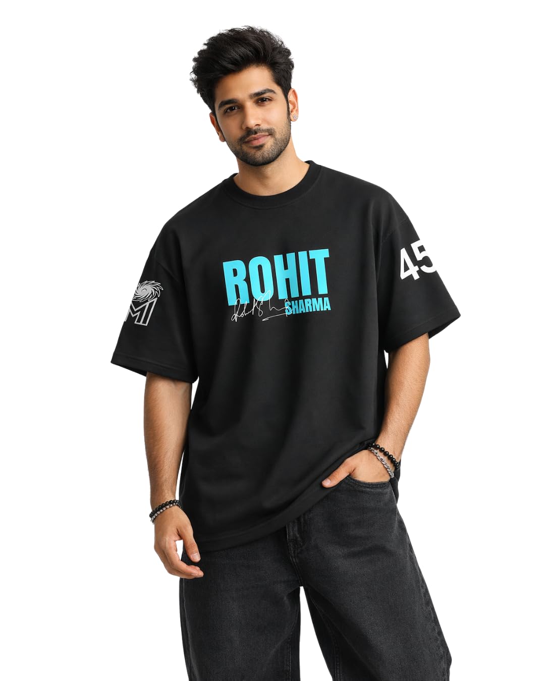 Rohit Sharma Hitman Oversized T-Shirt for Men, Black Cotton Streetwear with 45 Jersey Number and Mumbai Indians Logo, Casual Graphic Tee
