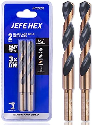 JEFE HEX 1/2" Dia. 5" OAL HSS Twist Drill Bit, General Purpose, 3-Flat Shank, Black and Gold Finished, 135 Degree Split Point, Ideal for Steel/Wood/Copper/Aluminum/Zinc Alloy/Plastic. (2-Piece)