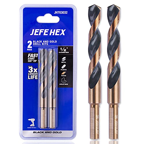 Jefe Hex 1/2" Dia. 5" Oal Hss Twist Drill Bit, General Purpose, 3-Flat Shank, Black And Gold Finished, 135 Degree Split Point, Ideal For Steel/Wood/Copper/Aluminum/Zinc Alloy/Plastic. (2-Piece) #TOP4