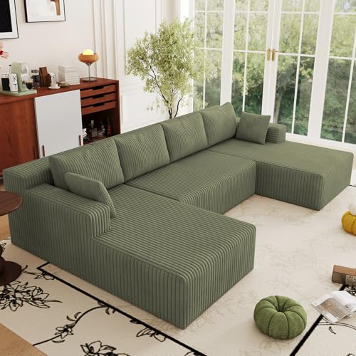 Image of 124 inch Boneless Cloud Couch Sectional Couches Sofa for Living Room | Modular U-Shaped Couch, Comfy Modern Corduroy Memory Foam Sofas with Deep Seat, Ottoman, Oversized Chaise (Green)
