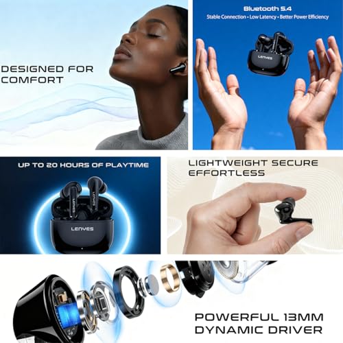 Image of Lenyes AIR68 Wireless Earbuds | Bluetooth 5.4 | 20H Playtime | Hi‑Fi Bass Sound | Touch Controls | Scratch‑Resistant Case | Voice Assistant Support | Type‑C Fast Charging, Lightweight - Black