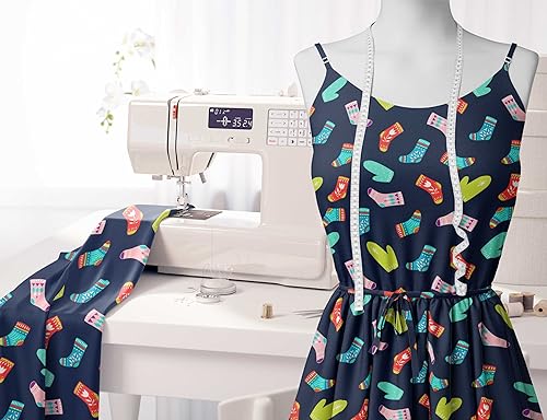 Image of Soimoi Blue Poly Georgette Fabric Socks & Gloves Folk Art Print Fabric by Meter 52 Inch Wide