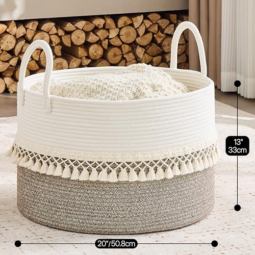 Image of KAKAMAY Cotton Rope Storage Basket (20 inchx13 inch),Woven Hamper for Blankets,Toys,Pillows,Clothes,Laundry,Sturdy Handles Decorative Basket for Living Room, Bedroom,Nursery(Beige Fringe)