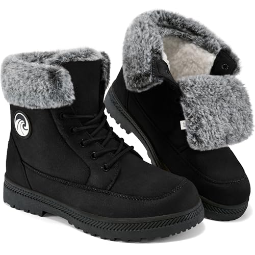 HARENCE Winter Snow Boots for Women: Warm Fur Lined Ankle Booties Lace Up Slip on Outdoor Walking Womens Boots