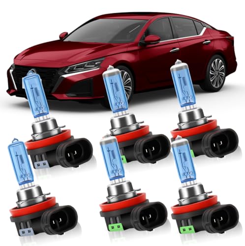 Upgraded Halogen Headlight Bulbs for Nissan Altima 2007 2008 2009 2010 2011 2012 2013 2014 2015 2016 2017 2018, H9 H11 High Low Beam and Fog Lights Combo, 6000k White, 300% Brightness, 6-Pack