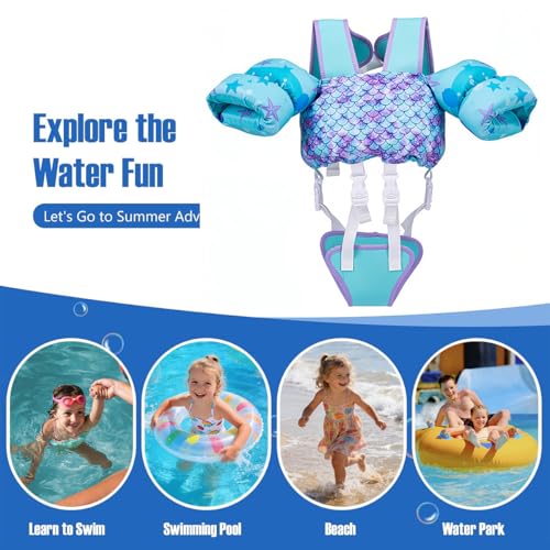 Image of Proberos Kids Swim Vest Cartoon Print, Non-Inflatable Child Buoyancy Float Jacket with Adjustable Straps & Crotch Safety Strap, Lightweight Swimming Aid for Toddlers and Children Age 3-6-Blue