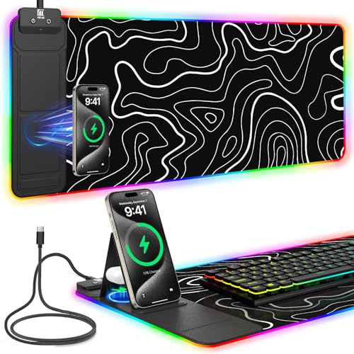 Image of Mouse Pad with Foldable Phone Holder & Wireless Charger, XL RGB Gaming Mousepad 31.5 inchx11.8 inch Large Desk Mat for Keyboard, Home Desk Pad with Dual Qi Charging Station | 11 Colors & 5 Modes | Waterproof