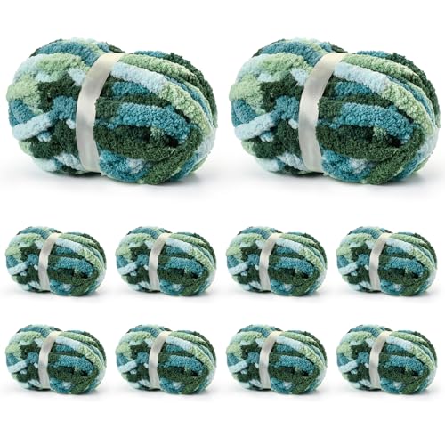Image of 10 Pack Jumbo Chunky Yarn for Hand Knitting, Fluffy Variegated Chunky Chenille Yarn for Crocheting, 240yds /70.5oz Super Bulky Soft Crochet Baby Blanket Yarn(Tea-Mint-Green)