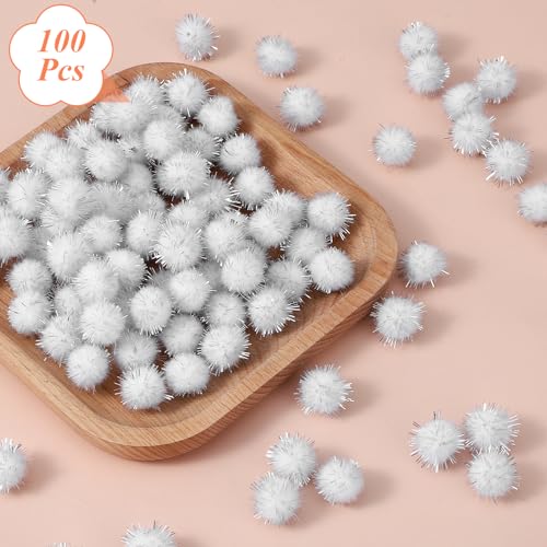 100 Stück Rund Mini Pompon, Plush Pompons mit Silber Glitzer 15mm, Bommel Nähen, Flauschigen Plüsch Bälle für Lustige DIY Kreative Handwerk