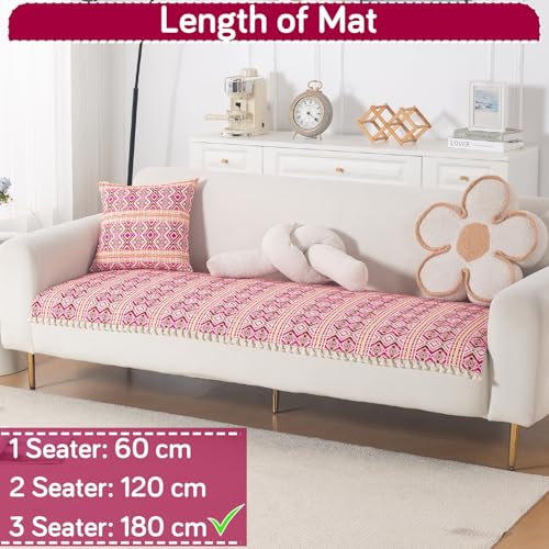 Image of HOKIPO Sofa Cover Mat with Tassel for 3 Seater Sofa | 300 GSM Thick Cotton Acrylic Jacquard Fabric,'Trivana Series' Cherry Red (IN-936-J8*S)